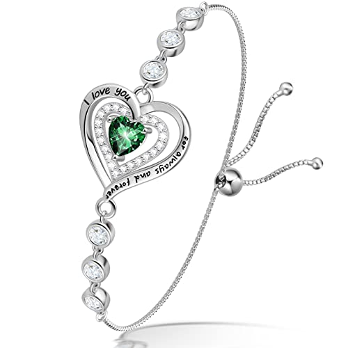 Jowaia Bracelets For Women 925 Sterling Silver May Birthstone Emerald Bracelet For Girls Forever Love Heart Jewelry Adjustable Link Tennis Bracelet Birthday Gift Valentine's Day Mother's Day Gifts For Mom Her Women Girlfriend #TOP21