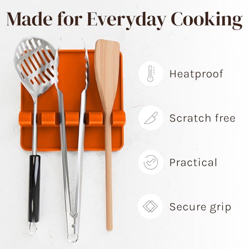 Image of Orange Silicone Spoon Rest for Stove Top with Drip Pad (Two Pack) - Heat Resistant BPA Free Utensil Rest & Spoon Holder for Kitchen Counter - Grill Utensil Chopstick Holder - Spatula Holder