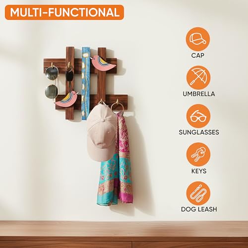 Image of AAKRITI ART CREATIONS Key Holder, Birds of Love Key Hanger | Rustic Teak Wood Wall Organizer with 4 Hooks | New Home Gifts | Multifunctional Entryway Decor Item