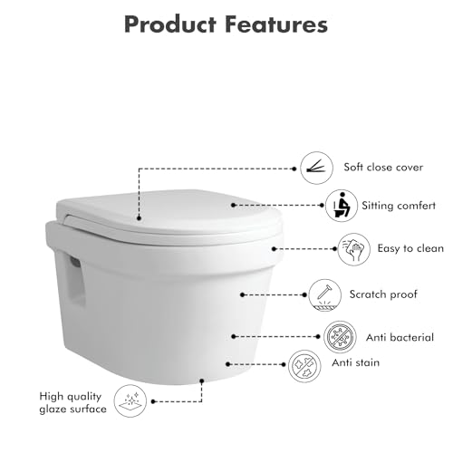 Image of WASSMIST Wall Hung Western Toilet for Bathroom | Modern Ceramic Commode | Stylish & Comfortable Rimless Toilet Bowl for Home