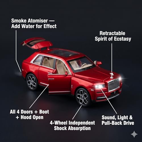 Image of Rolls-Royce Cullinan 1:24 Scale Die-Cast Car Model Red - Smoke Atomiser All Doors Open Sound Light Pull-Back Alloy Metal Luxury SUV Collectible