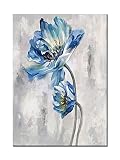 Novup Blue Flower Wall Art Blooming Floral on the Grey Background Canvas Print Wall Art The Picture for Living Room Bedroom Wall Painting Decoration Modern Artwork Ready to Hang