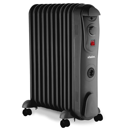 Schallen Black Portable Electric Slim Oil Filled Radiator Heater with Adjustable Temperature Thermostat, 3 Heat Settings & Safety Cut Off (2500W | 11 Fin with Timer)