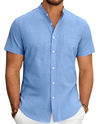 J.VER Linen Shirts Men Short Sleeve Grandad Collar Collarless Summer Holiday Casual Regular Fit Button Down Shirt with Pocket Blue L