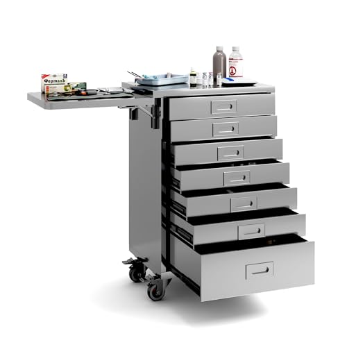 Hymula Dental Assistant Cart, Stainless Steel Dental Cabinet â€“ 7 Drawer Medical Cart with Wheels, Side Shelf & Handle for Professional Instrument Storage