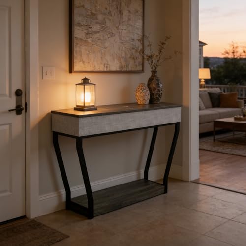 Console Table with Charging Station, USB, Type-C & Wireless Power Outlet, Speaker, Bluetooth 36'' Long 2-Tier Modern Entryway Table for Hallway, Foyer, Behind Sofa, Couch, Living Room, Wood Grain Gray