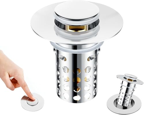 2 Stücke Waschbeckenstöpsel mit Sieb, Pop-up Abflussstopfen Waschbecken,Alle Edelstahl Stöpsel für 28–60mm Abflusslöcher, Anti-Verstopfung Waschbeckenstöpsel mit Abflusssieb,Stöpsel für Spülbecken