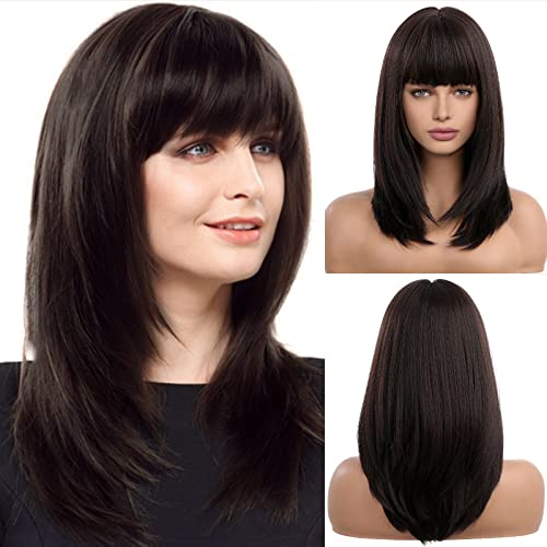 HAIRCUBE Long Black Brown Wigs for Women Layered Straight Synthetic Wig with Bangs