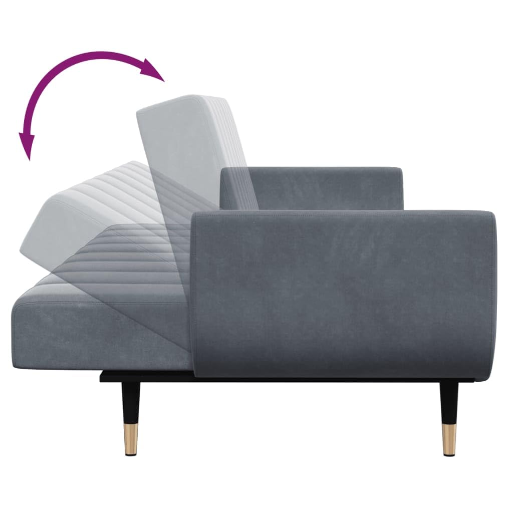 Sofá cama de 2 plazas con reposapiés y 2 almohadas, terciopelo gris