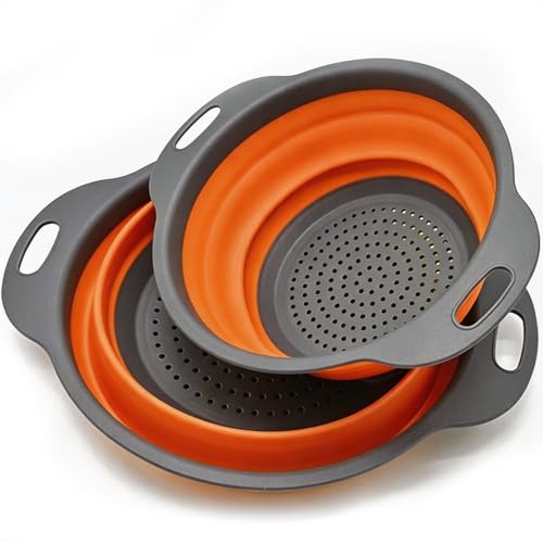 2 Pack Collapsible Silicone Colander with Handle, Over Sink Foldable Food Strainer, BPA-Free Space Saving Drain Basket for Vegetables, Fruits, Pasta, Kitchen & Camping (Orange)