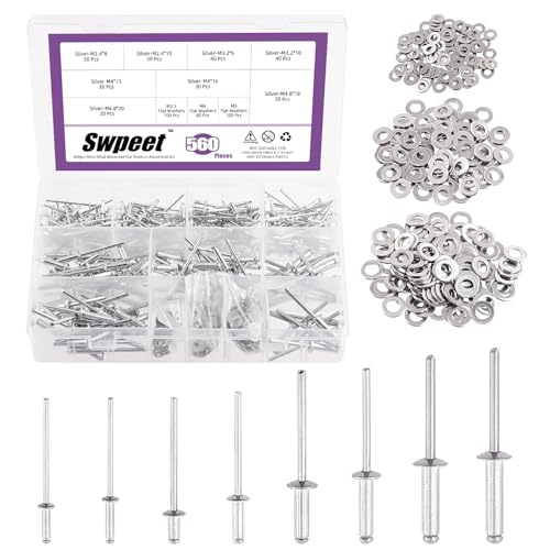 Swpeet 560Pcs Silver 3/32 1/8 5/32 3/16 Pop Rivets Assortment Kit with Stainless Steel Backup Washers, Assorted Aluminum Blind Rivets with Divider Labeled Case for Storage