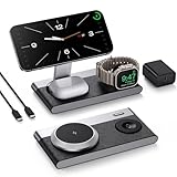 3 in 1 Magnetic Wireless Charging Station for Apple Devices,Foldable Wireless Charger Stand for Magsafe iPhone 17 Air 16/15/14/13/12,Apple Watch,AirPod,Wireless Charger Dock with Night Light