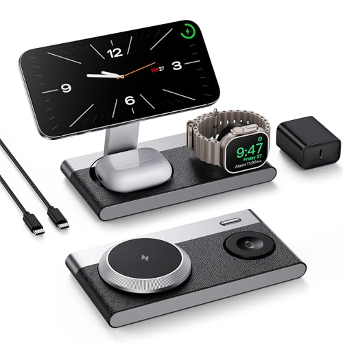3 in 1 Magnetic Wireless Charging Station for Apple Devices,Foldable Wireless Charger Stand for Magsafe iPhone 17 Air 16/15/14/13/12,Apple Watch,AirPod,Wireless Charger Dock with Night Light