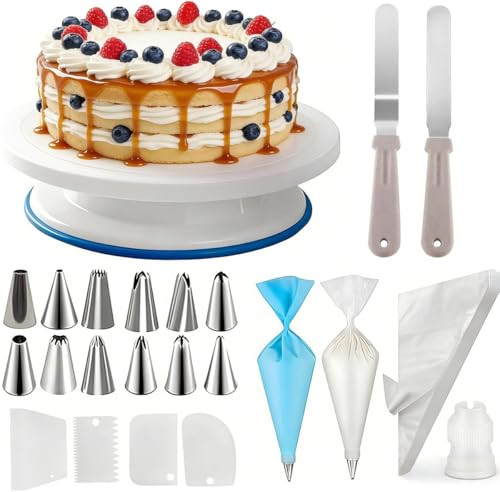 Complete 71-Piece Cake Decorating Kit with Rotating Turntable, Icing Nozzles, Scrapers, and TPU Bags for Home Baking and Decoration
