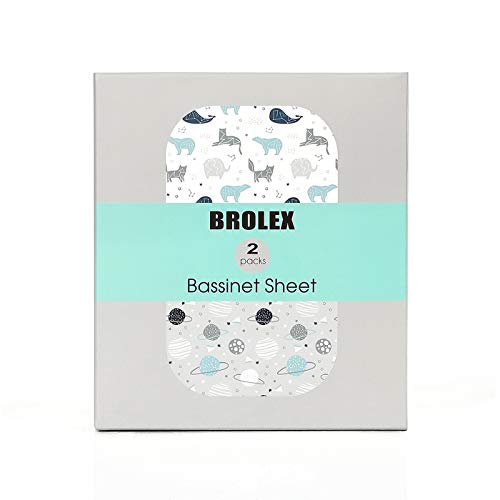 Image of Stretch Fitted Bassinet Sheet Set BROLEX 2 Pack Cradle Sheets for Bassinet Pad /Mattress,Unisex Boys Girls,Ultra Soft,Space Planet
