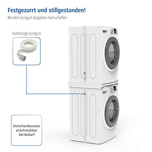 Xavax Zwischenbaurahmen mit Ausziehplatte aus Kunststoff (Verbindungsrahmen für Waschmaschine und Trockner, Zwischenbausatz mit Auszug als Ablage für Wäschekorb, inkl. Zurrgurt) weiß – Bild 5