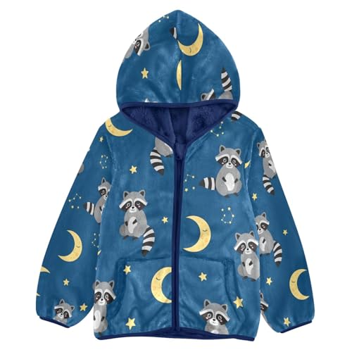 Cute Raccoons with Moon Stars Toddler Fleece Jacket Girl Boys Hooded Fleece Jacket Coat Warm Outwear Zip-up 3-10T