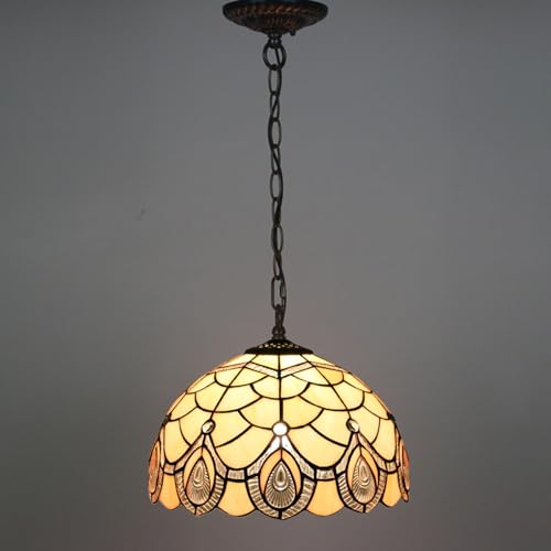BOTOWI Tiffany Hanging Lamp, Stained Glass Ceiling Pendant Fixture with 12 Inch Wide Handmade Beige Lampshade, Cream Vintage Antique Pendant Lighting for Dining Hallway Kitchen Balcony,Pintail - Image 3