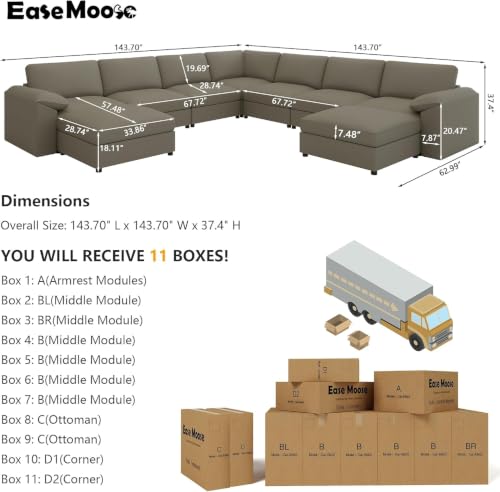 Image of EASE MOOSE Modular Sectional Sofa, Faux Leather Couch, Light Grey