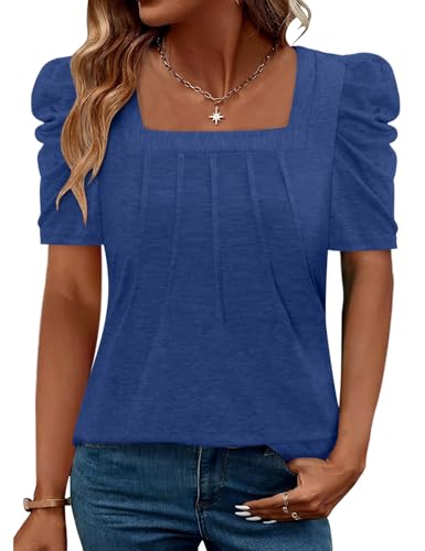 CRAZY GRID Womens Summer Blouses Puff Short Sleeve Shirts Square Neck Dressy Casual Tops Trendy Loose Pleated Tunic Ladies Spring TshirtsSea blue S — view 2