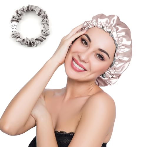 ELIHAIR Stain Bonnet Silky Sleep Cap Adjustable Satin Cap for Night Sleeping Hair Bonnet Reversible Double Layer Champagne/Grey