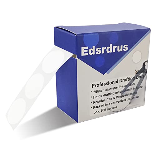 EDSRDRUS Puntos profesionales en blanco de 7/8 pulgadas de diámetro, baja adherencia, fácil extracción, cinta de dibujo precortada para trazar, dibujar, posicionar, rollo de 500 puntos por caja