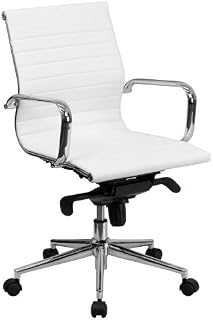 Flash Furniture Mid-Back White Ribbed LeatherSoft Swivel Conference Office Chair with Knee-Tilt Control