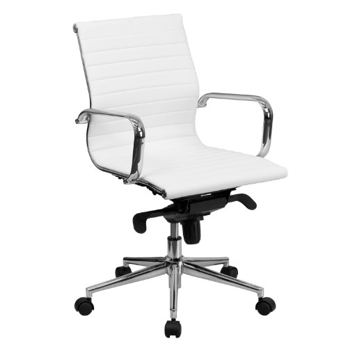Flash Furniture Mid-Back White Ribbed LeatherSoft Swivel Conference Office Chair with Knee-Tilt Control