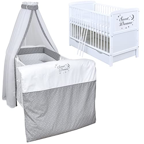 Generisch Baby Delux Babybett Komplett Set 70x140 Kinderbett umbaubar zum Juniorbett weiß Sweet Dreams Bettset Matratze (mit Schublade)