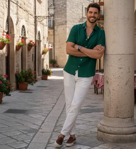 Image of Glowic Men Linen Shirt Casual Regular Fit Solid Stylish Summer Wear Shirt for Office Party Beach Holiday Lightweight Breathable Fashion Shirt