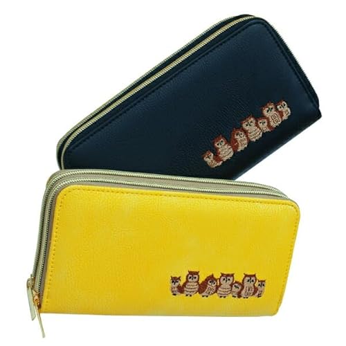 ダブルファスナー 長財布 大容量 開運 福財布 金運 財運 幸運 ふくろう 刺繍 レザー調 一粒万倍日 天赦日 寅の日 巳の日(メンズ レディース)FU9-007(ブラック)