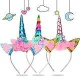 CONTENIDO DEL PAQUETE: Recibirás 3 diademas de unicornio (azul, rosa, arcoíris)