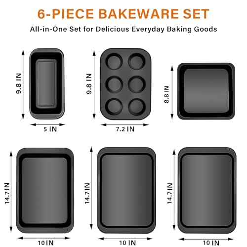 6-Piece Carbon Steel Bakeware Set, Nonstick Baking Pans with Cookie Sheet, Deep Roaster, Square Pan, Loaf Pan, Muffin Pan for Cooking,Baking Pans Set (black) - Image 4