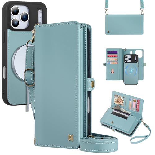 MEGSHI for Wallet Case Compatible with iPhone 17 Pro,Multi-Function Detachable 2 in 1 Magnetic iPhone 17 Pro Case Wallet,Flip Strap Zipper Card Holder Phone Case with Shoulder Straps (Blue) by MEGSHI - Used condition - US$19.03