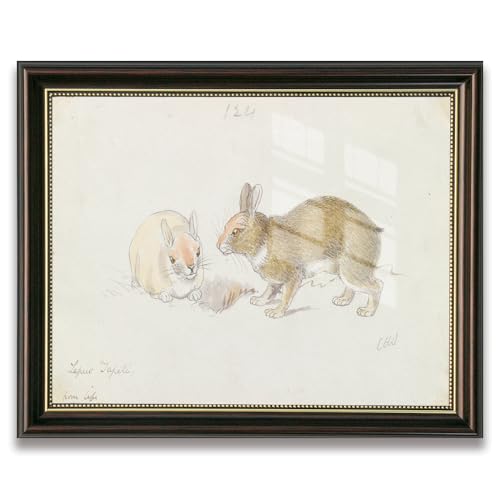 Brown Frame Vintage Bunny Rabbit Wall Art Print, Antique Watercolor