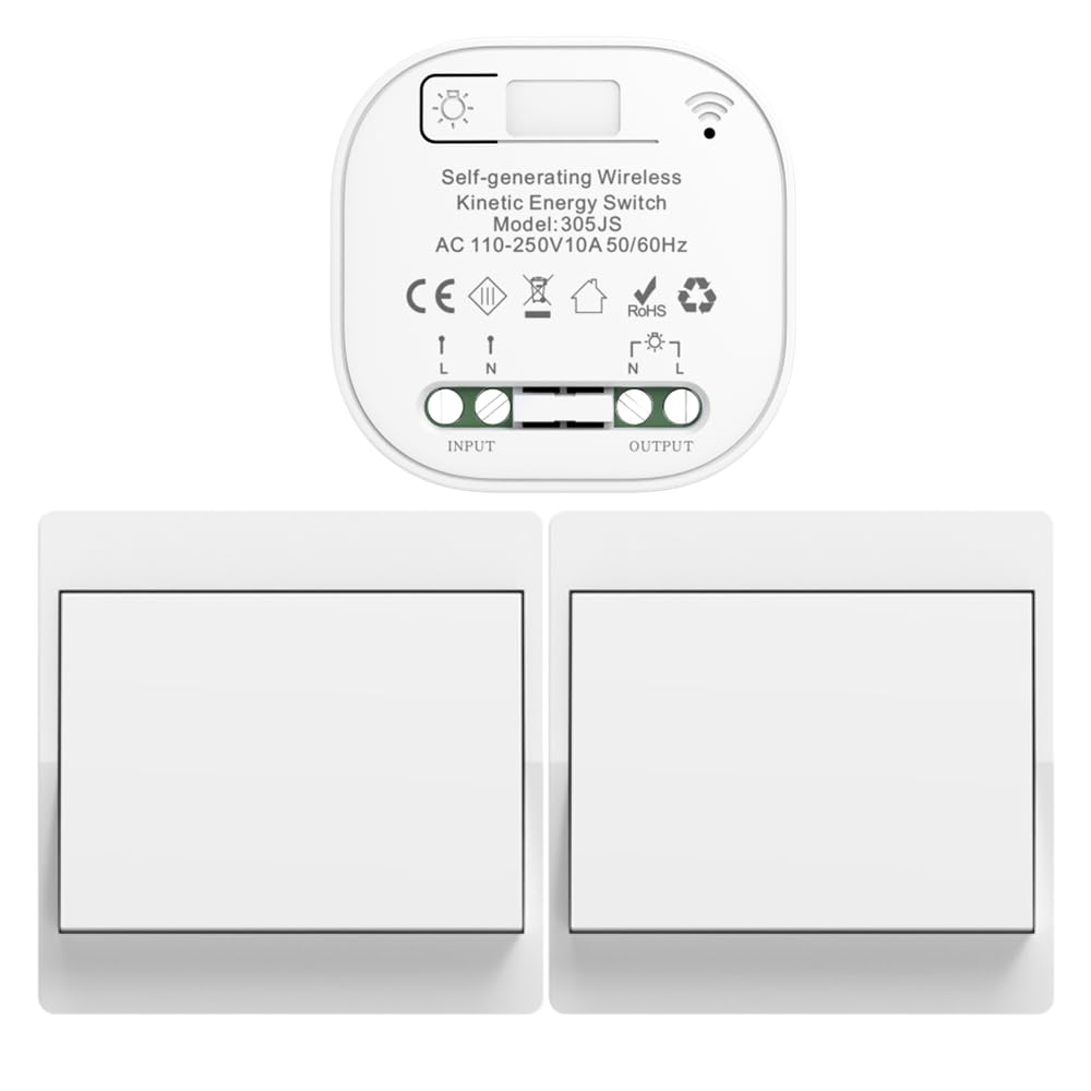 Aovrlcx RF433 Self Powered Wireless Light Switch Button Remote Kinetic Wireless Light Switch Kit Radio Wall Switches Lighting Fixtures Battery Free (EU 1Gang 2V1 L)