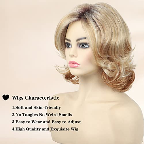 Beimer Short Blonde Curly Bob Wigs For Women Shoulder Length Curly Wavy Wig With Layered Dark Roots Synthetic Natural Looking Hair Wig For Daily Use #TOP2