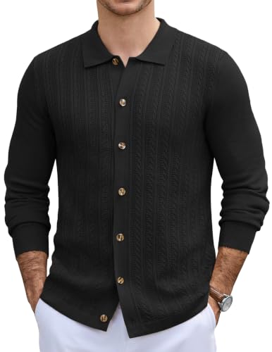 Image of COOFANDY Men's Knitted Polo Shirt Cable Knit Polo Full Button Black M
