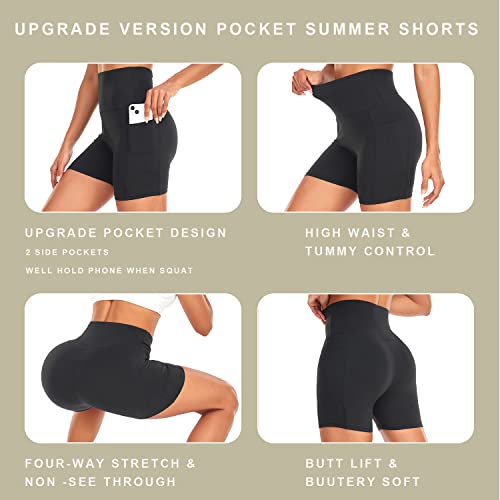 Morefeel White Biker Shorts For Women With Pockets – 5" High Waisted Tummy Control Workout Yoga Running Gym Short Pants #TOP3