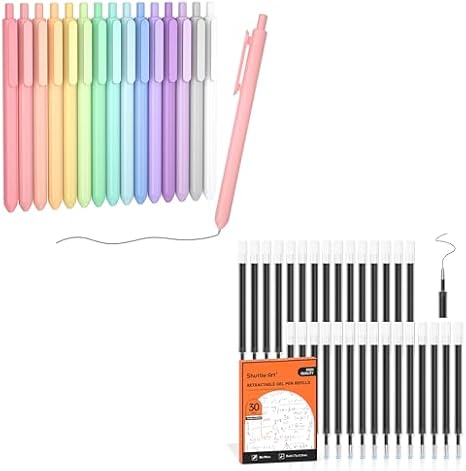 Shuttle Art School & Work Supplies Bundle, 15 Pack Pastel Gel Ink Pens in black ink, 0.5mm Tip + 30 Pack Black Retractable Gel Pen Refills 0.7mm Point for Writing Journaling Taking Notes School Office image 5