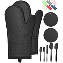 Oven Mitts with Heat-Resistant Hot Pads and Five Silicone Spatulas Designed for Kitchen Baking Cooking, Oven Glove Soft Cotton Lining, Waterproof, BPA-Free Gun Black