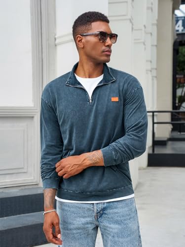 Yousify Mens Distressed Quarter Zip Casual Sweatshirts Long Sleeve Stand Collar Lightweight Cotton Fall Pullover with Pockets2