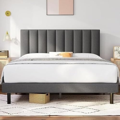 Image of Wooden Modern Upholstered Queen Size Bed for Bedroom | Wooden Double Bed Without Storage | Platform Cot Upholstered Bed with Upholstery Fabric | Engineered Wood | 6.5 x 5 Ft | Dark Grey