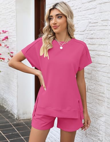 Image of LOMON Womens Fashion 2 Piece Outfits Sweatsuits 2026 Summer Short Sleeve Loungewear Tracksuit Round Neck Lounge Shorts Sets