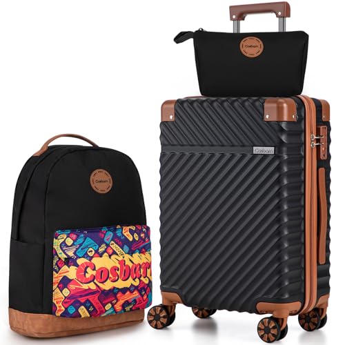 Image of Cosbarn Carry On Luggage 22x14x9 Airline Approved, Hardside 20 Inch Carry on Suitcases with Wheels, Hard Shell ABS Lightweight Carry on Luggage Set, Travel Suitcase Set with TSA Lock, Black
