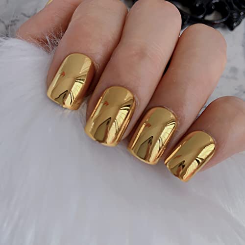 Ikiskt Gold Metallic Full Cover Fake Press On Nail Short Length Square Punk Mirror Chrome Press On Nails Pure Color Glossy Acrylic Pre-Design False Nail Tips For Women Girls Festival Band Party #TOP1