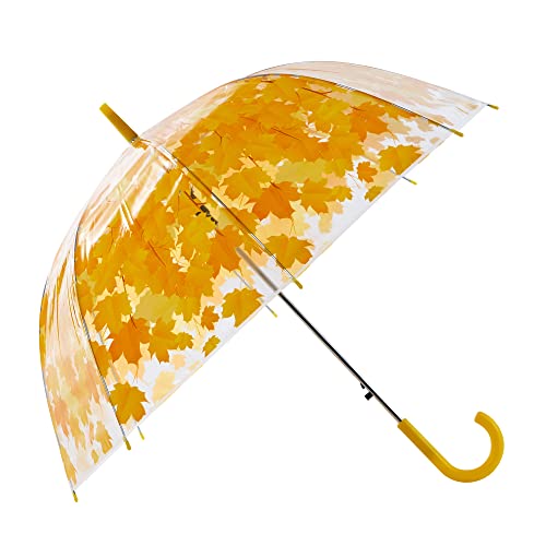 Threeh Clear Dome Bubble Umbrella With Sycamore Leaves Automatic Switch Steel Ribs Elastic Plastic No Fading Rainproof Photographing For Girls Yellow Color #TOP20