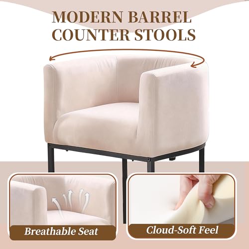 Image of 26 inch Counter Height Bar Stools Set of 2, Linen Fabric Upholstered Barrel Chairs with Back and Arms, Metal Frame Kitchen Island Stools with Footrest, Linen Fabric