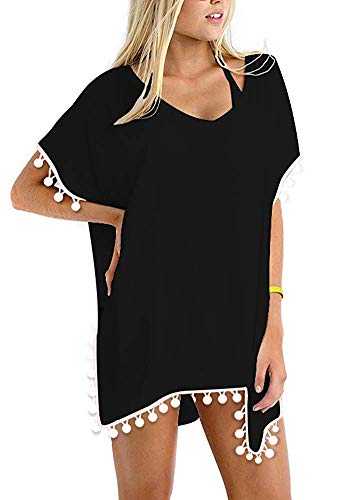 GDKEY Women's Trim Kaftan Chiffon Swimsuit Bikini Beach Cover up(Black,B)