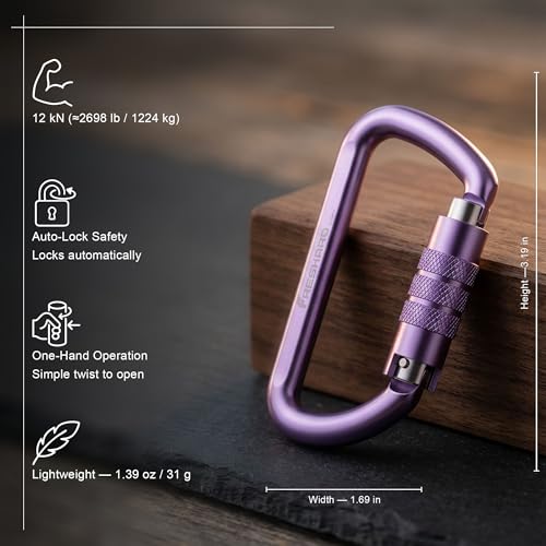 Image of FresKaro 3inch 12kN-2698lbs Auto Locking Carabiner Clips, Solid D Shape, Heavy Duty 7075 Aluminum, Lightweight 1.09oz, Rust Proof, for Hammock, Hiking, Dog Leash, Keychain etc., Multi-Colors